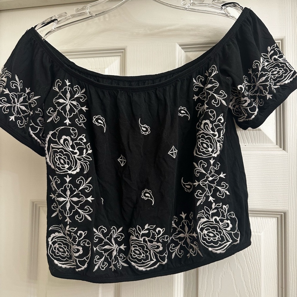 Express Black Crop Top with White Floral Embroidery